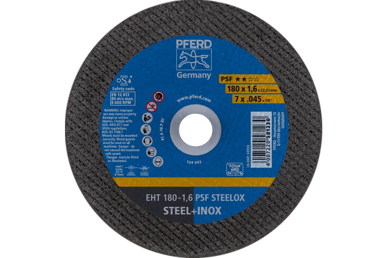 Picture of Pferd Cut-Off Wheel, 7" X .045 X 7/8, Psf Steelox, T1, Aluminum Oxide